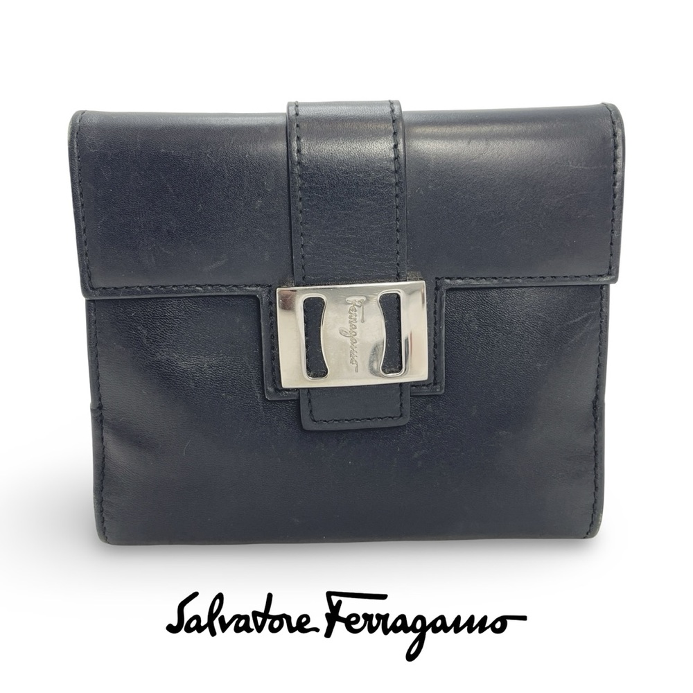 Salvatore Ferragamo Black Leather Multifold Wallet with Silver Buckle